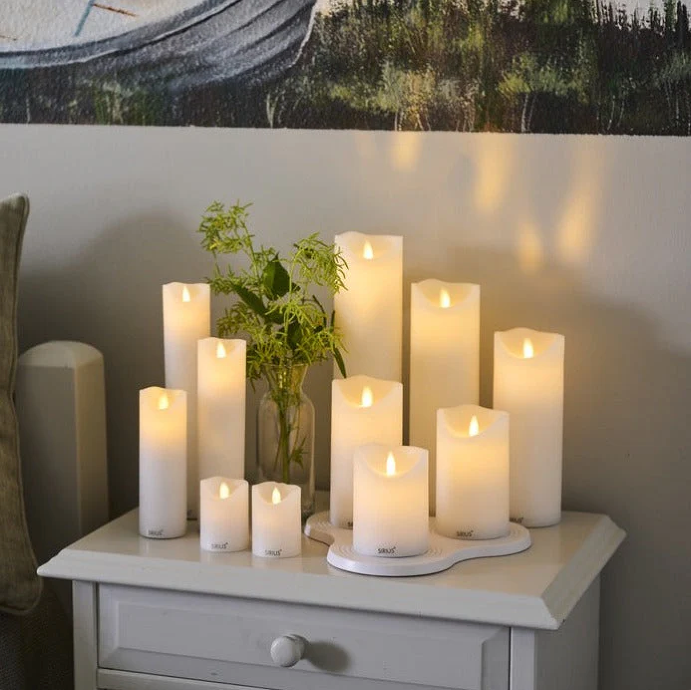 Sirius Sara Rechargeable Candle Light LED candles displayed on a bedside table.